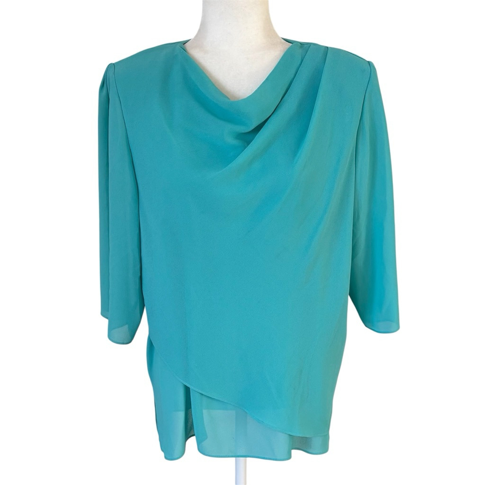 Vintage 100% Silk Touch of Miracle Layered Chiffon Teal Cowl Neck Blouse Size 18